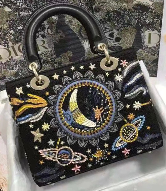 CHRISTIAN DIOR Limited Edition Black Leather Air Embroidered and Beaded Medium Lady Dior Bag