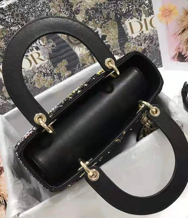 CHRISTIAN DIOR Limited Edition Black Leather Air Embroidered and Beaded Medium Lady Dior Bag