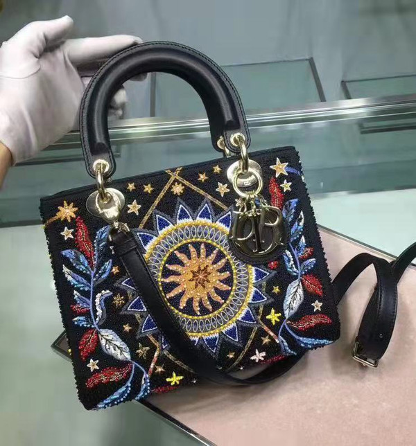 CHRISTIAN DIOR Limited Edition Black Leather Air Embroidered and Beaded Medium Lady Dior Bag