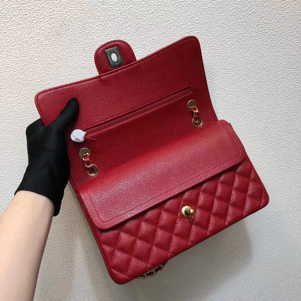 CHANEL Red Caviar Leather Classic Double Flap 2.55 Shoulder Bag Gold HW