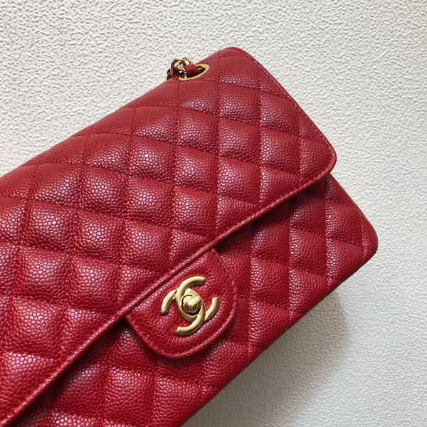 CHANEL Red Caviar Leather Classic Double Flap 2.55 Shoulder Bag Gold HW