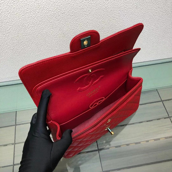 CHANEL Red Caviar Leather Classic Double Flap 2.55 Shoulder Bag Gold HW