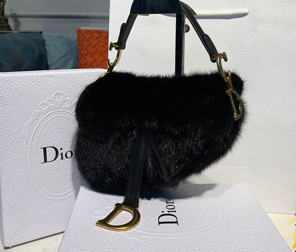 Christian Dior Saddle Handbag Fur Medium Black