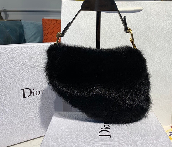 Christian Dior Saddle Handbag Fur Medium Black