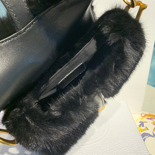 Christian Dior Saddle Handbag Fur Medium Black