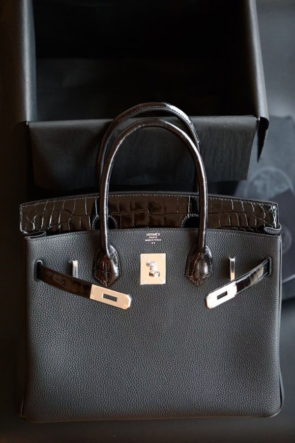 Hermès Black Niloticus Crocodile /Togo Birkin Touch 25cm Palladium Hardware