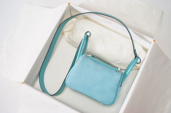 Hermes Mini Lindy 20cm Bag Blue Jean  Veau Doblis Suede Palladium  Hardware