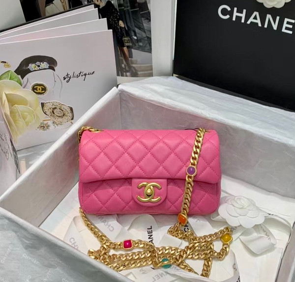 Chanel Flap Bag with  Resin & Gold-Tone Metal Pink Small