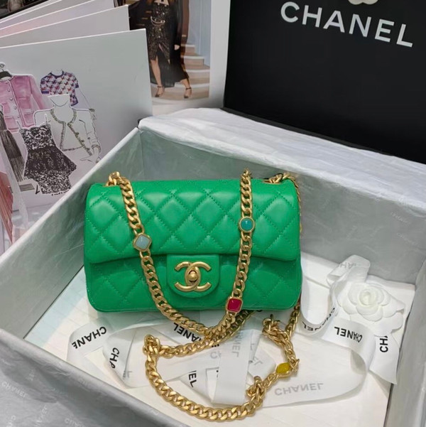 Chanel Flap Bag with  Resin & Gold-Tone Metal Green Small