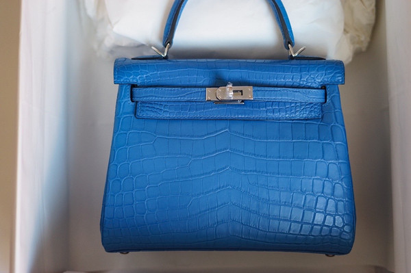 Hermes Blue Hydra NILOTICUS CROCODILE KELLY 25 WITH PALLADIUM  HARDWARE