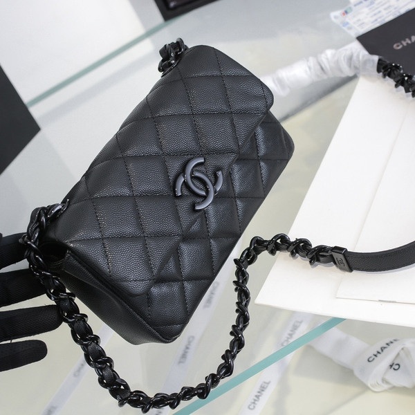 Chanel Small Grained Calfskin Lacquered Logo Flap Bag Black