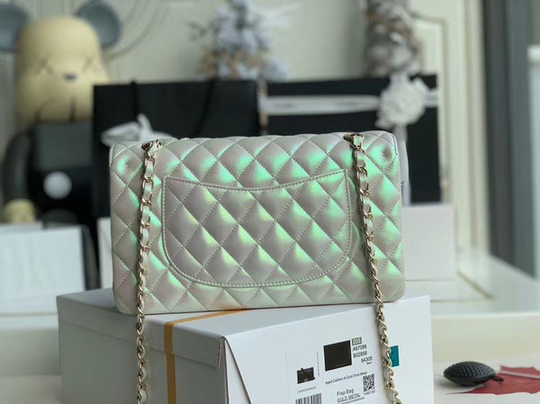 CHANEL Iridescent White Quilted Caviar Medium Double Flap Bag Cruise 2020