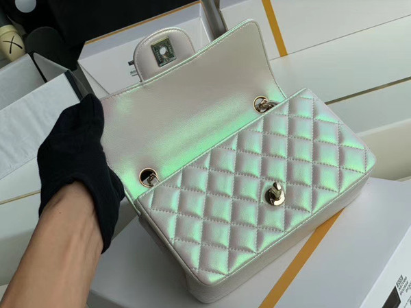 CHANEL Iridescent White Quilted Caviar Medium Double Flap Bag Cruise 2020