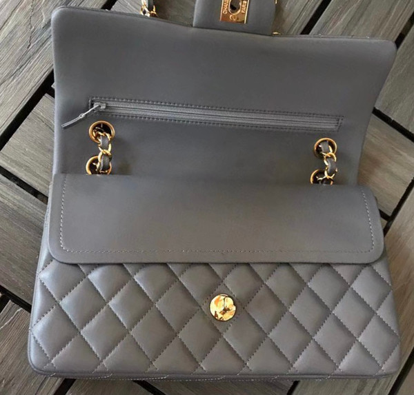 CHANEL Gray Lambskin Leather Classic Double Flap 2.55 Shoulder Bag With Gold Hardware