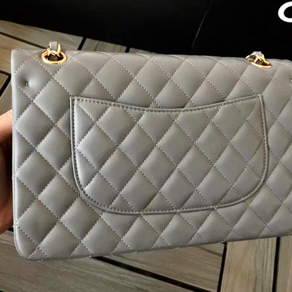CHANEL Gray Lambskin Leather Classic Double Flap 2.55 Shoulder Bag With Gold Hardware