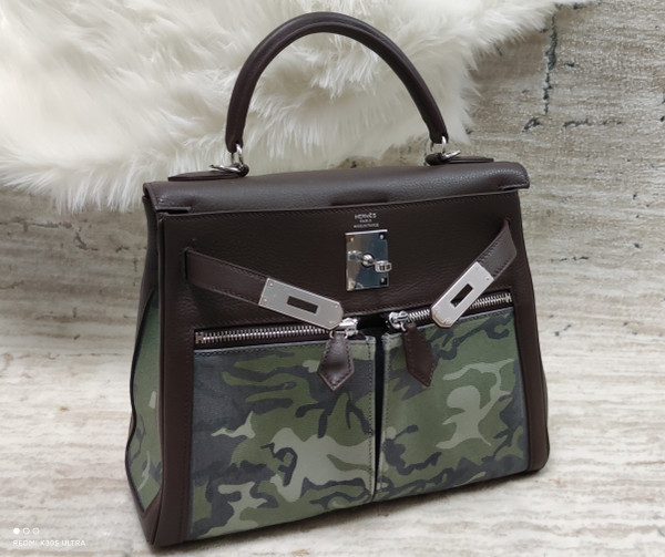 Hermes LIMITED EDITION BROWN SWIFT LEATHER & TOILE CAMOUFLAGE LAKIS KELLY 28 WITH PALLADIUM HARDWARE