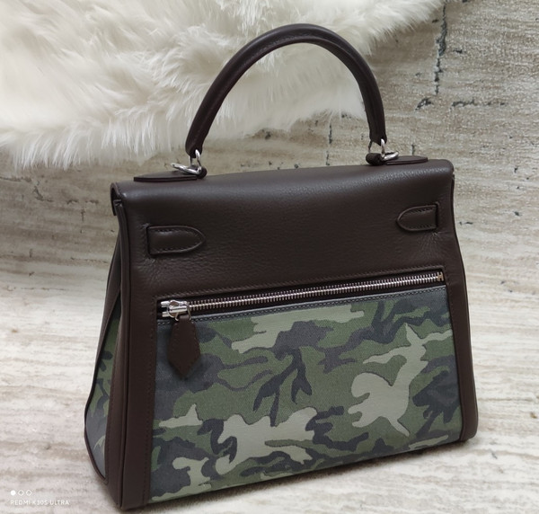 Hermes LIMITED EDITION BROWN SWIFT LEATHER & TOILE CAMOUFLAGE LAKIS KELLY 28 WITH PALLADIUM HARDWARE