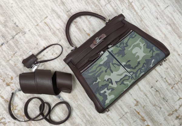 Hermes LIMITED EDITION BROWN SWIFT LEATHER & TOILE CAMOUFLAGE LAKIS KELLY 28 WITH PALLADIUM HARDWARE