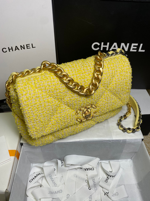 Chanel Yellow Tweed 19 flap bag
