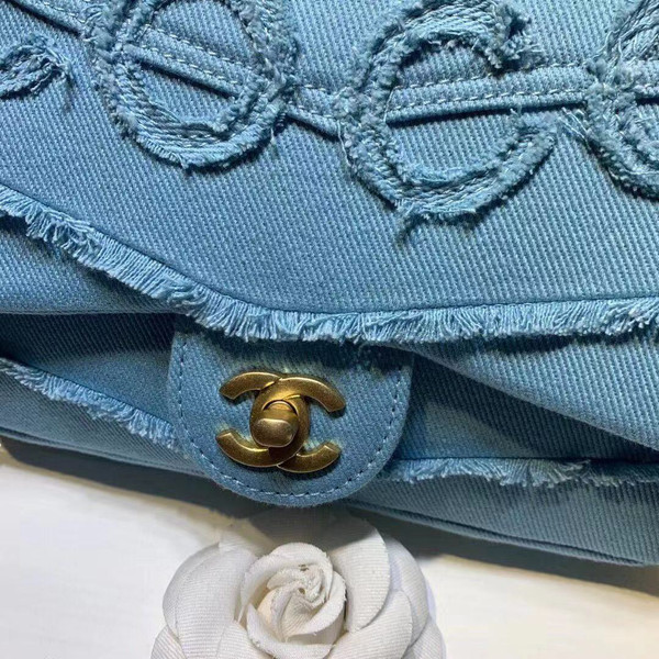 Chanel Coco Flap Bag Fringe Chevron Denim Small Light Blue