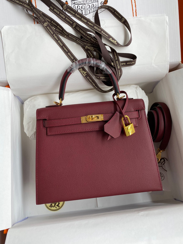 HERMES KELLY 28 SELLIER BORDEAUX EPSOM GOLD HARDWARE