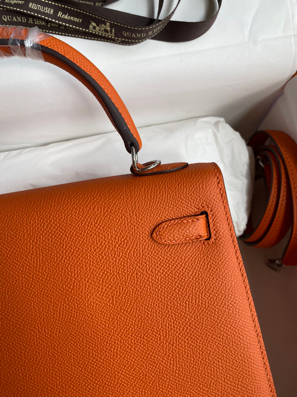 HERMES KELLY 28 SELLIER ORANGE EPSOM PALLADIUM HARDWARE