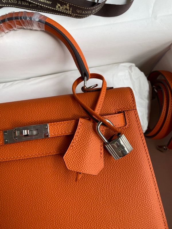 HERMES KELLY 28 SELLIER ORANGE EPSOM PALLADIUM HARDWARE
