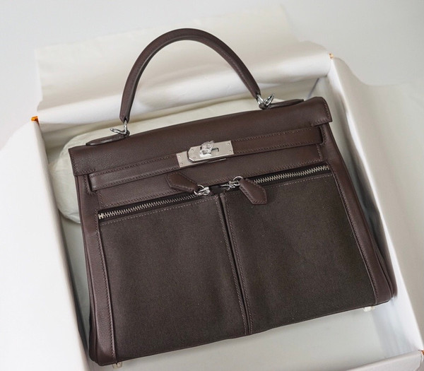 Hermes LIMITED EDITION EBENE SWIFT LEATHER & TOILE LAKIS KELLY 32 WITH PALLADIUM HARDWARE