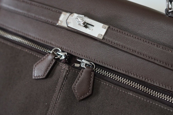 Hermes LIMITED EDITION EBENE SWIFT LEATHER & TOILE LAKIS KELLY 32 WITH PALLADIUM HARDWARE