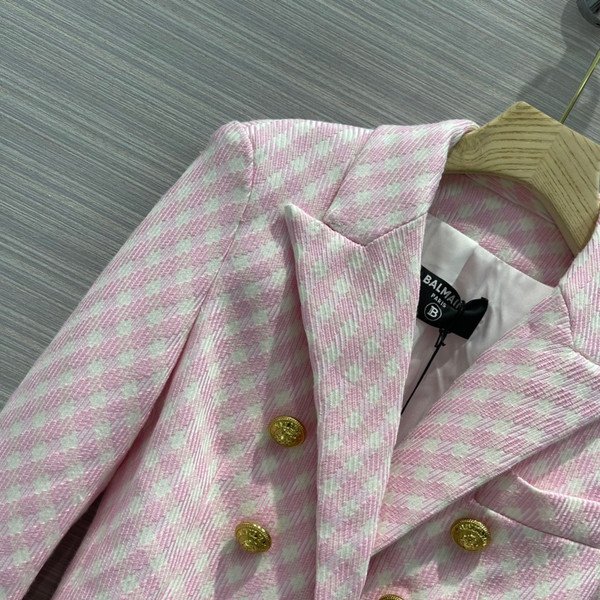 Balmain White and pale pink gingham print tweed jacket