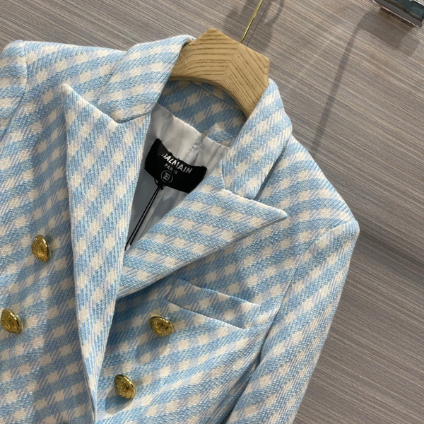 Balmain White and pale blue gingham print tweed jacket