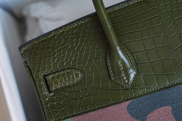 Hermes Limited Edition Birkin Bag 35 In 67 Vert Fonce Alligator and  Camouflage with Palladium hardware