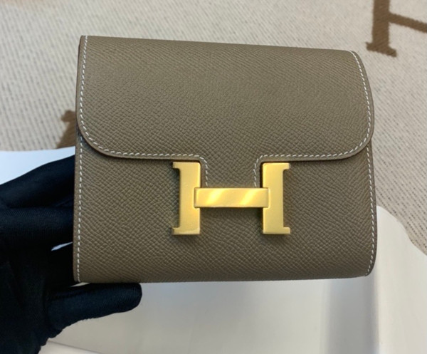 Hermes Constance Compact Passant wallet Etoupe Epsom Leather with Gold Hardware