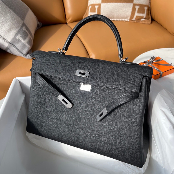 HERMES KELLY 35 RETOURNE NOIR BLACK TOGO PALLADIUM HARDWARE