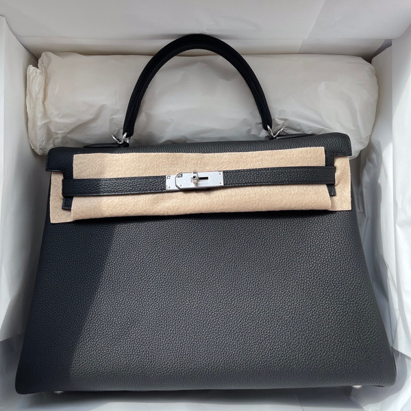 HERMES KELLY 35 RETOURNE NOIR BLACK TOGO PALLADIUM HARDWARE