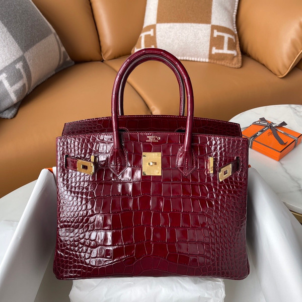 HERMES BIRKIN 30 BAG BORDEAUX ALLIGATOR GOLD HARDWARE