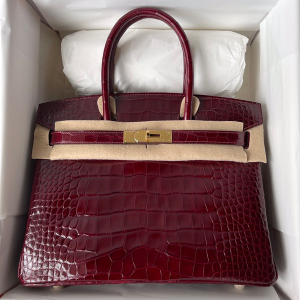 HERMES BIRKIN 30 BAG BORDEAUX ALLIGATOR GOLD HARDWARE