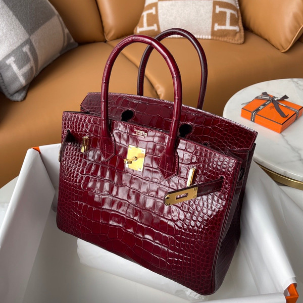 HERMES BIRKIN 30 BAG BORDEAUX ALLIGATOR GOLD HARDWARE