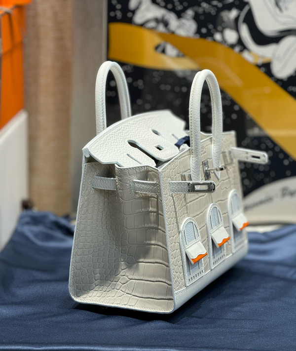 Hermes Limited Edition Birkin 20 Sellier Faubourg White Multicolor Madame, Crocodile, Epsom, Sombrero & Swift Palladium Hardware - 2019