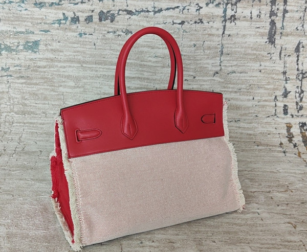 Hermès Birkin 35cm "Fray"  Framboise Swift & Ecru Canvas Palladium Hardware