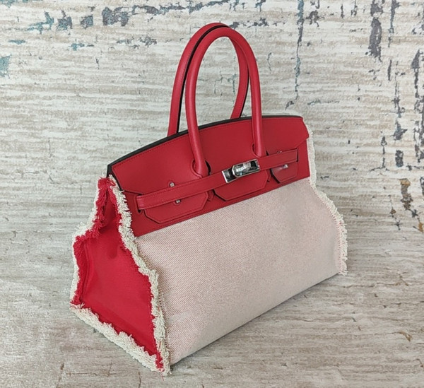 Hermès Birkin 35cm "Fray"  Framboise Swift & Ecru Canvas Palladium Hardware