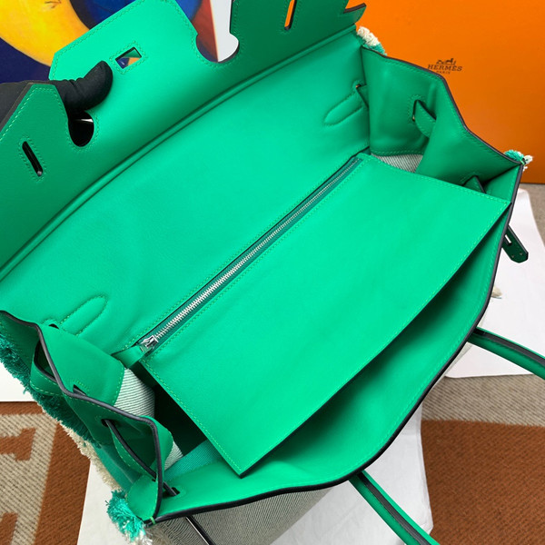 Hermès Birkin 35cm "Fray"Menthe   Swift & Ecru Canvas Palladium Hardware