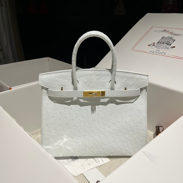 Hermes White Birkin Bag 30cm KK Ostrich Leather Gold Hardware