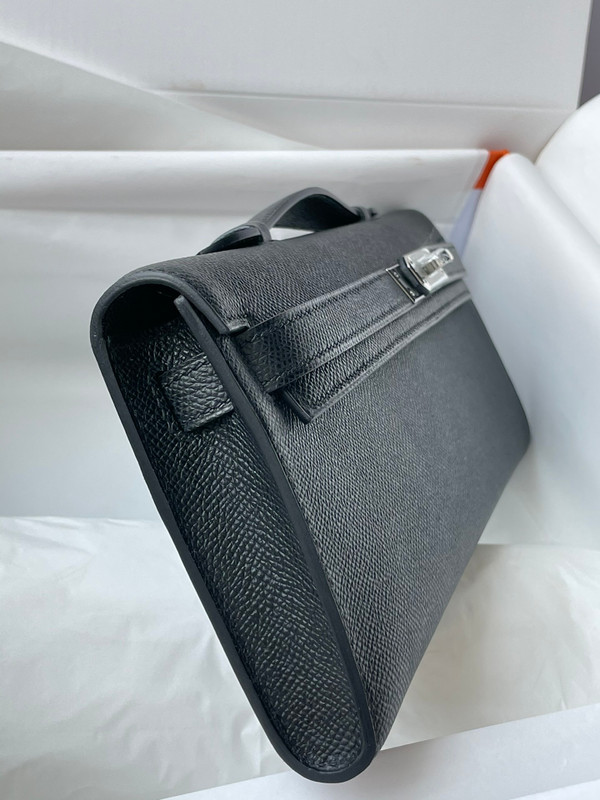 HERMES KELLY CUT CLUTCH BAG BLACK EPSOM PALLADIUM HARDWARE