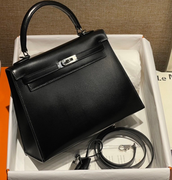 Hermes Black Sellier Kelly Bag Box Leather PHW 28 cm