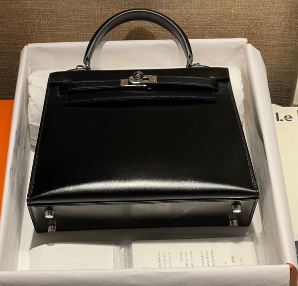 Hermes Black Sellier Kelly Bag Box Leather PHW 28 cm