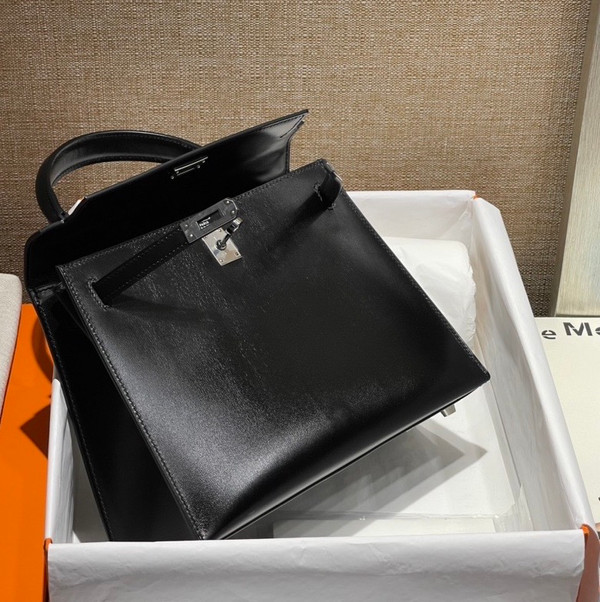 Hermes Black Sellier Kelly Bag Box Leather PHW 28 cm