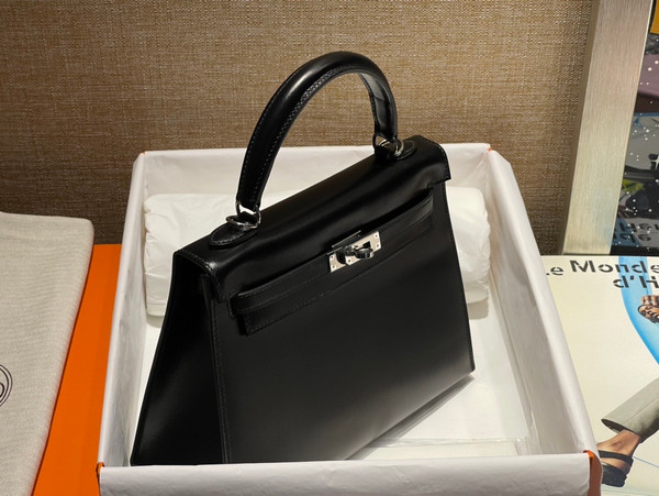 Hermes Black Sellier Kelly Bag Box Leather PHW 28 cm