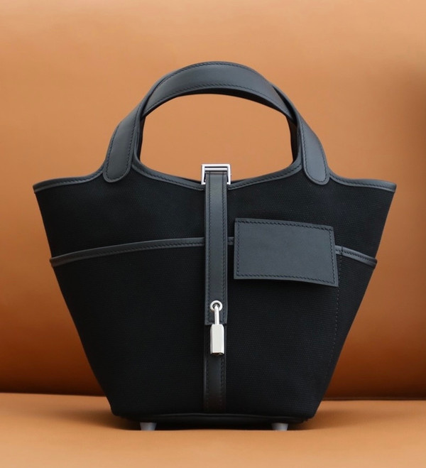 Hermès Picotin Cargo 18 Blue/Black Swift and Toile Canvas Palladium Hardware