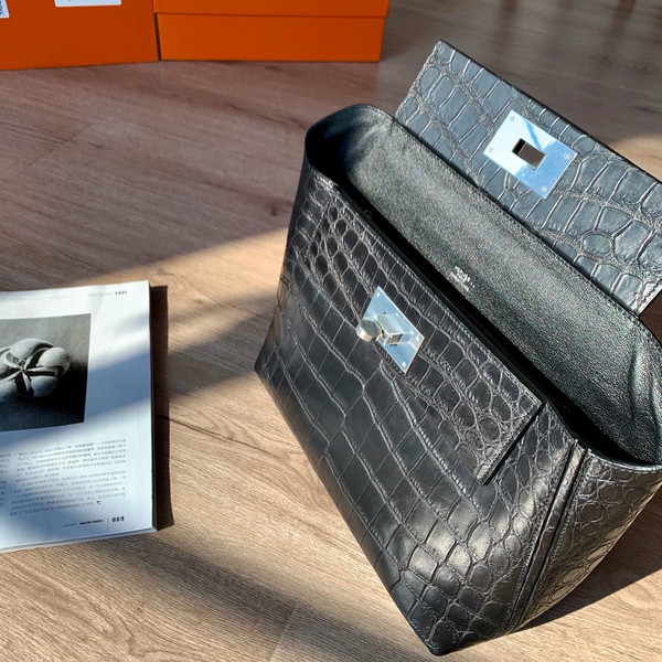 Hermes Kelly 24/24 Black Nilo Crocodile  with Palladium Hardware